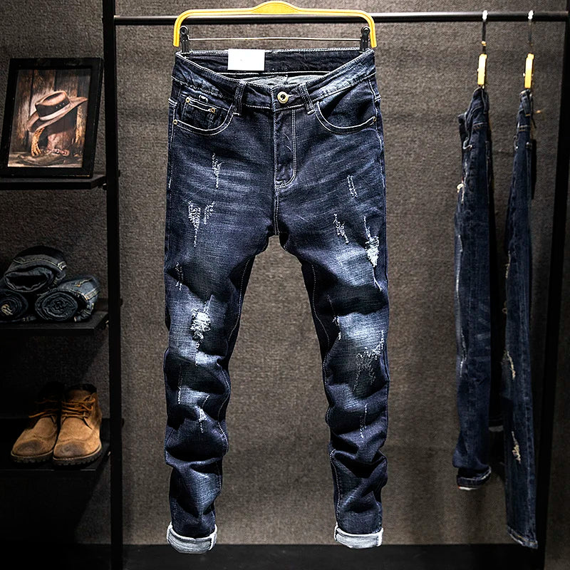 Ripped Jeans Men Slim-fit Denim Pants Fashion Elasticity Versatile Blue Black Men's Clothing