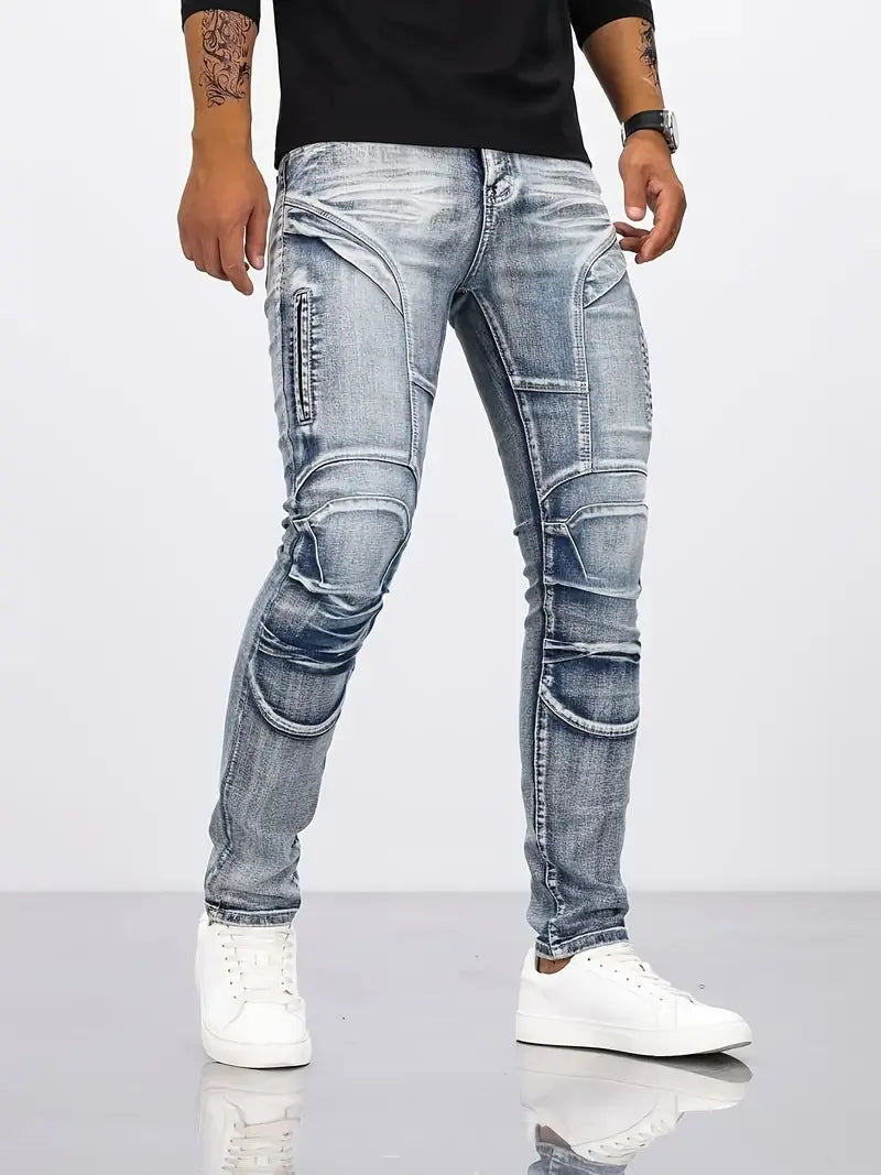 Two tone distressed patchwork jeans for men thin straight leg pants slim fit small leg distressed jeans
