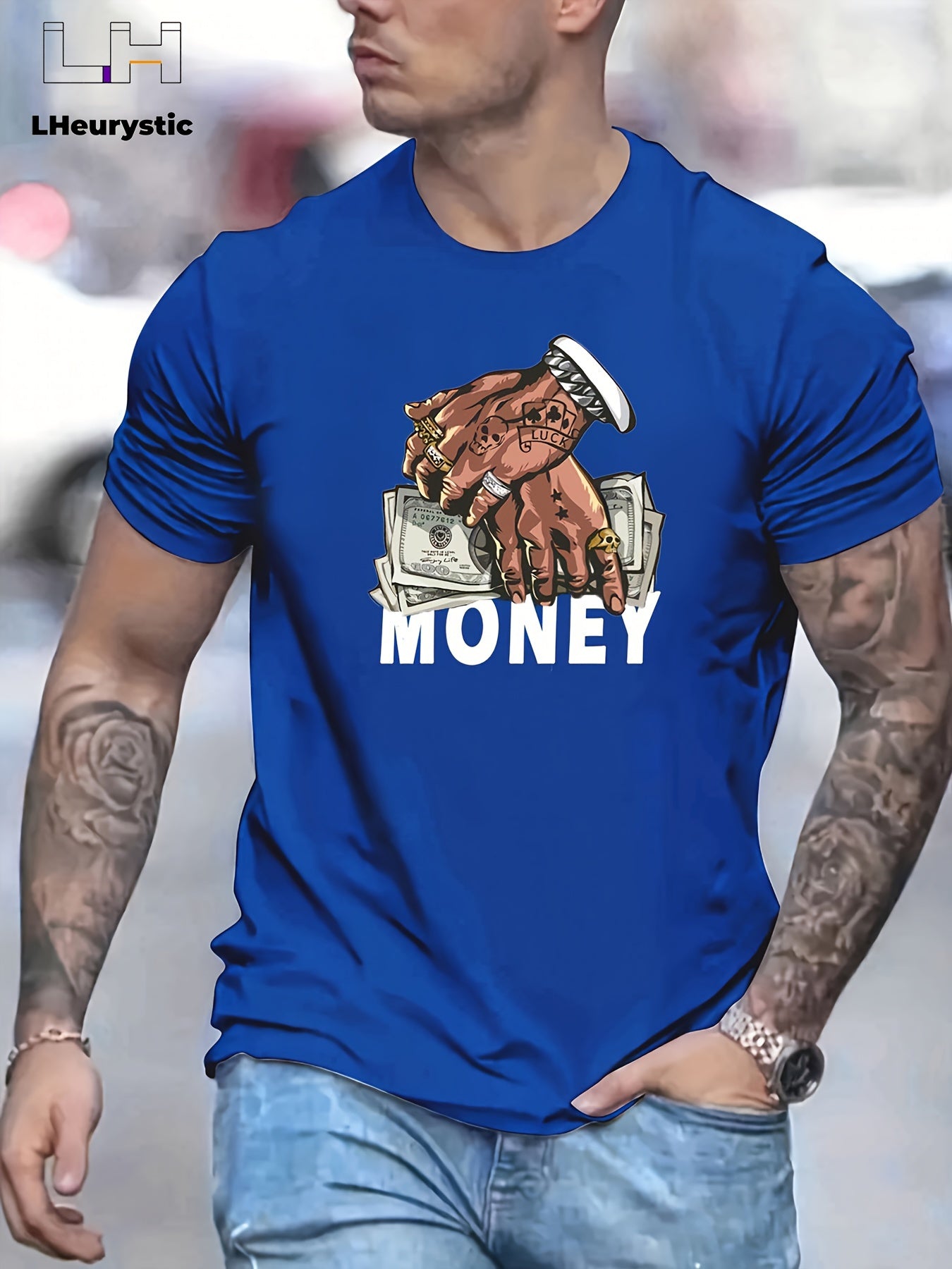 Men's Comfy Cartoon Money & Hands Graphic Design Crew Neck T-shirt