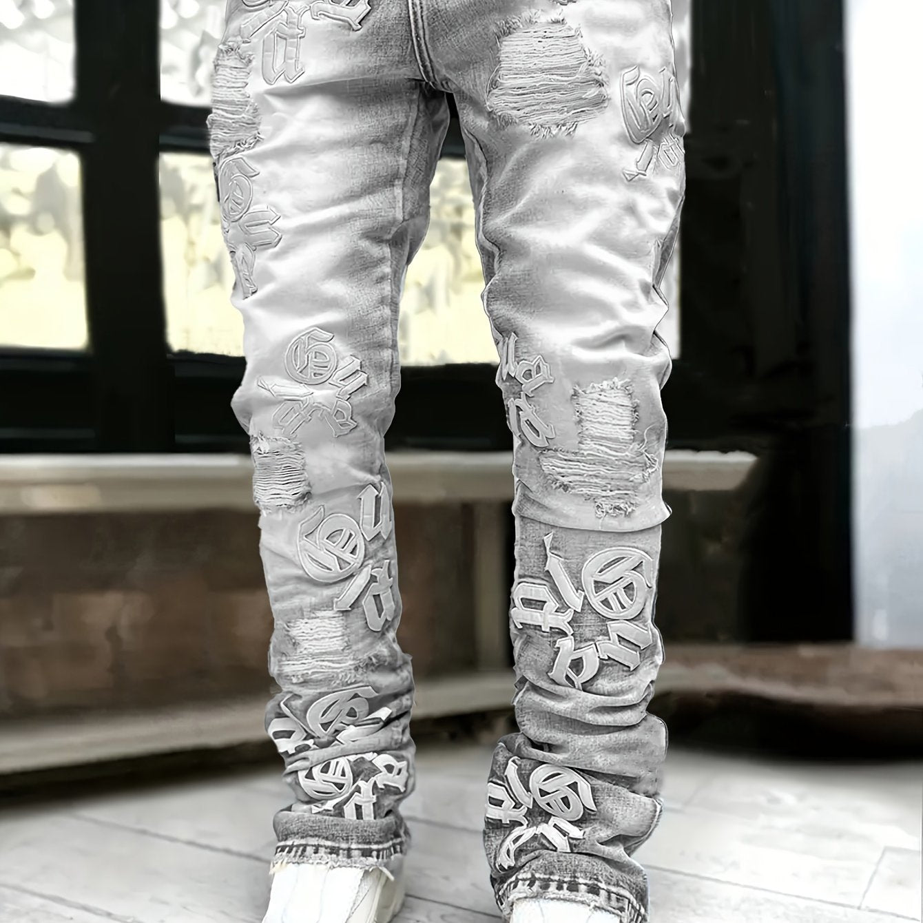 Men's Fashion Denim Jeans, Loose Fit, Non-Stretch Cotton Blend, Regular Length Pants with Distressed Detail