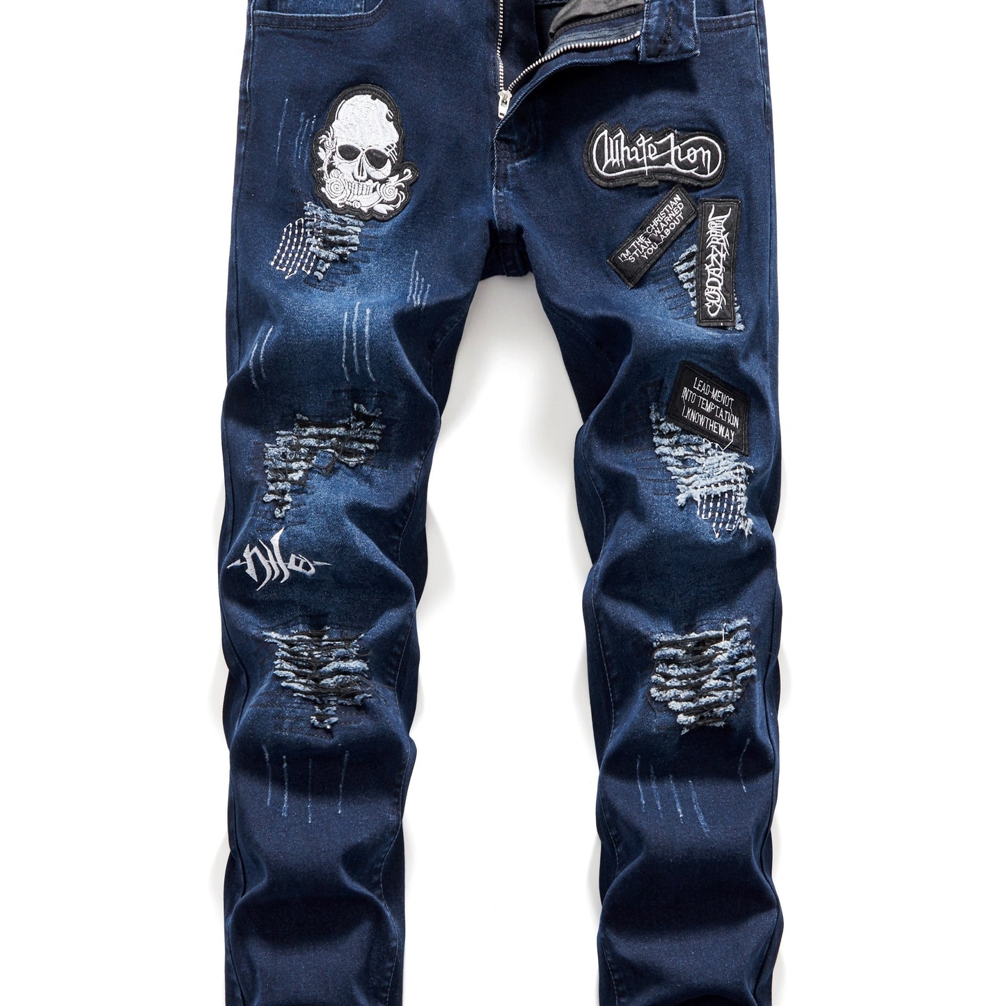 Medium Stretch Men's Patchwork Jeans, Casual Street Style Denim Pants