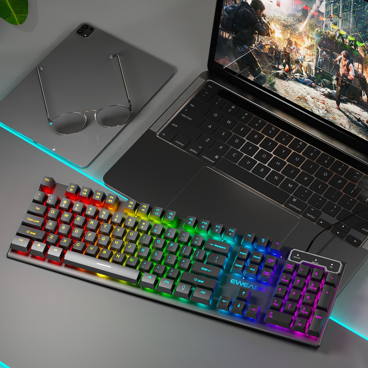 Silent Wired Gaming Keyboard, 104-Key Full Size Rainbow LED Backlit, Quiet Typing