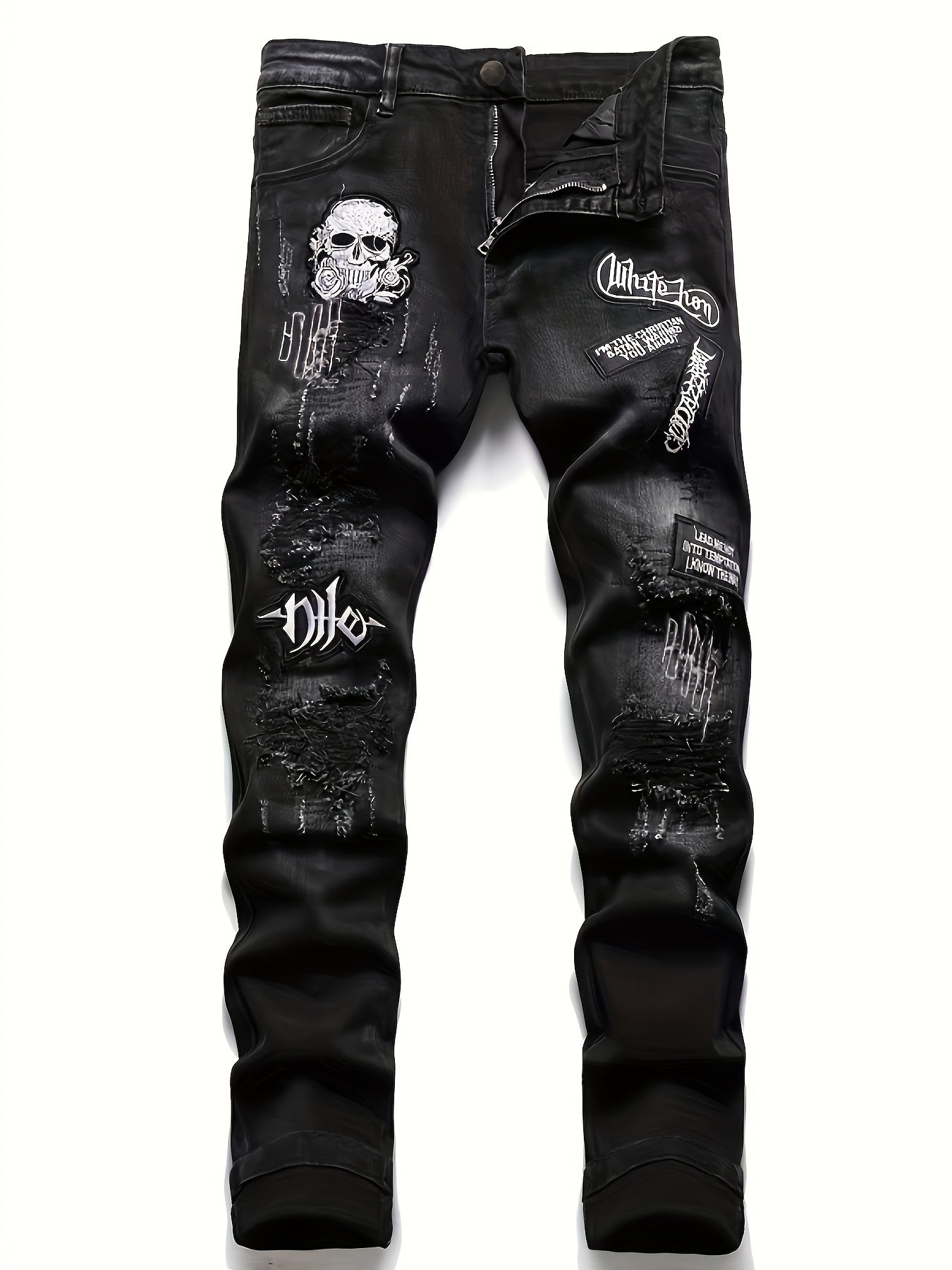Medium Stretch Men's Patchwork Jeans, Casual Street Style Denim Pants