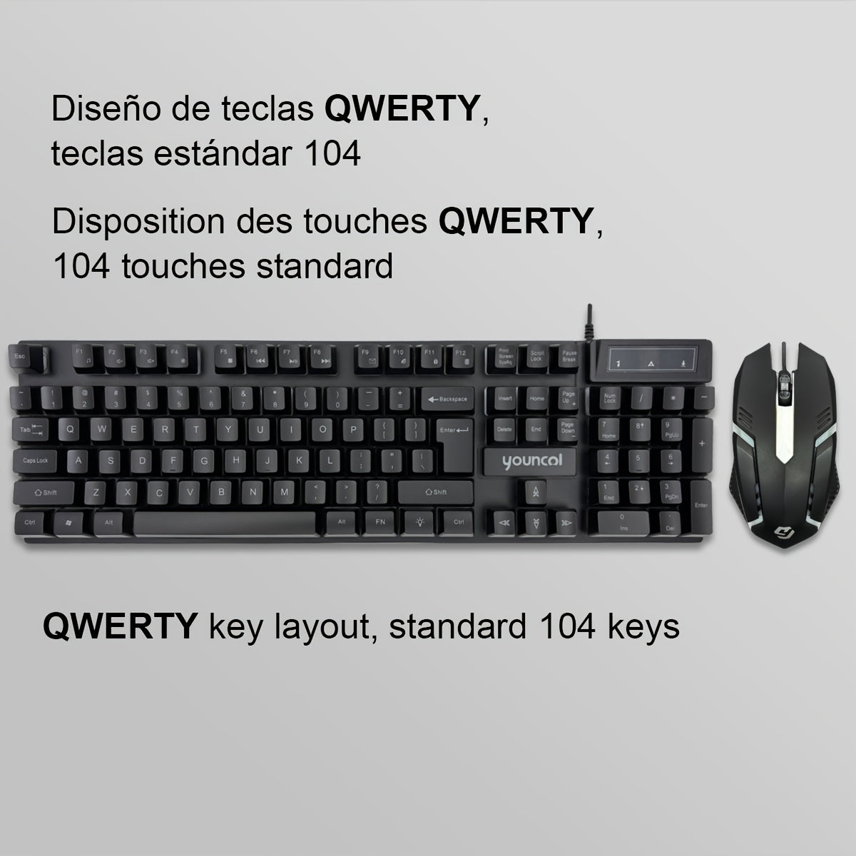 Rainbow Backlit Wired Gaming Keyboard and Mouse Set, 19-Key Rollover, Adjustable Brightness, 2 Lighting Modes, Ergonomic Design, Hotkeys, Media Keys, USB Powered, No Battery