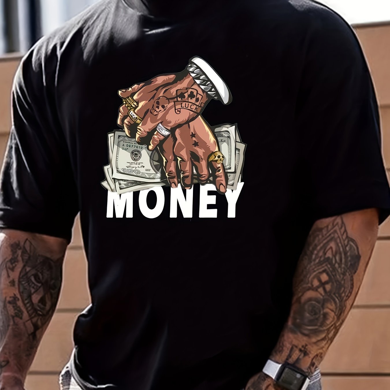 Men's Comfy Cartoon Money & Hands Graphic Design Crew Neck T-shirt