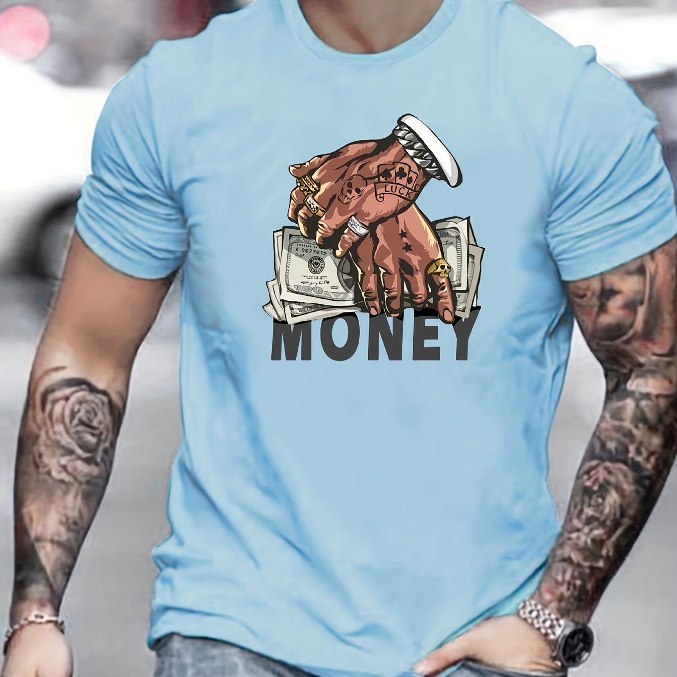 Men's Comfy Cartoon Money & Hands Graphic Design Crew Neck T-shirt
