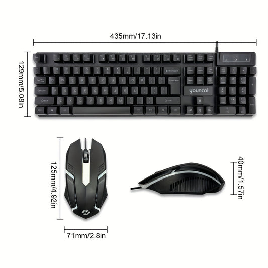 Rainbow Backlit Wired Gaming Keyboard and Mouse Set, 19-Key Rollover, Adjustable Brightness, 2 Lighting Modes, Ergonomic Design, Hotkeys, Media Keys, USB Powered, No Battery