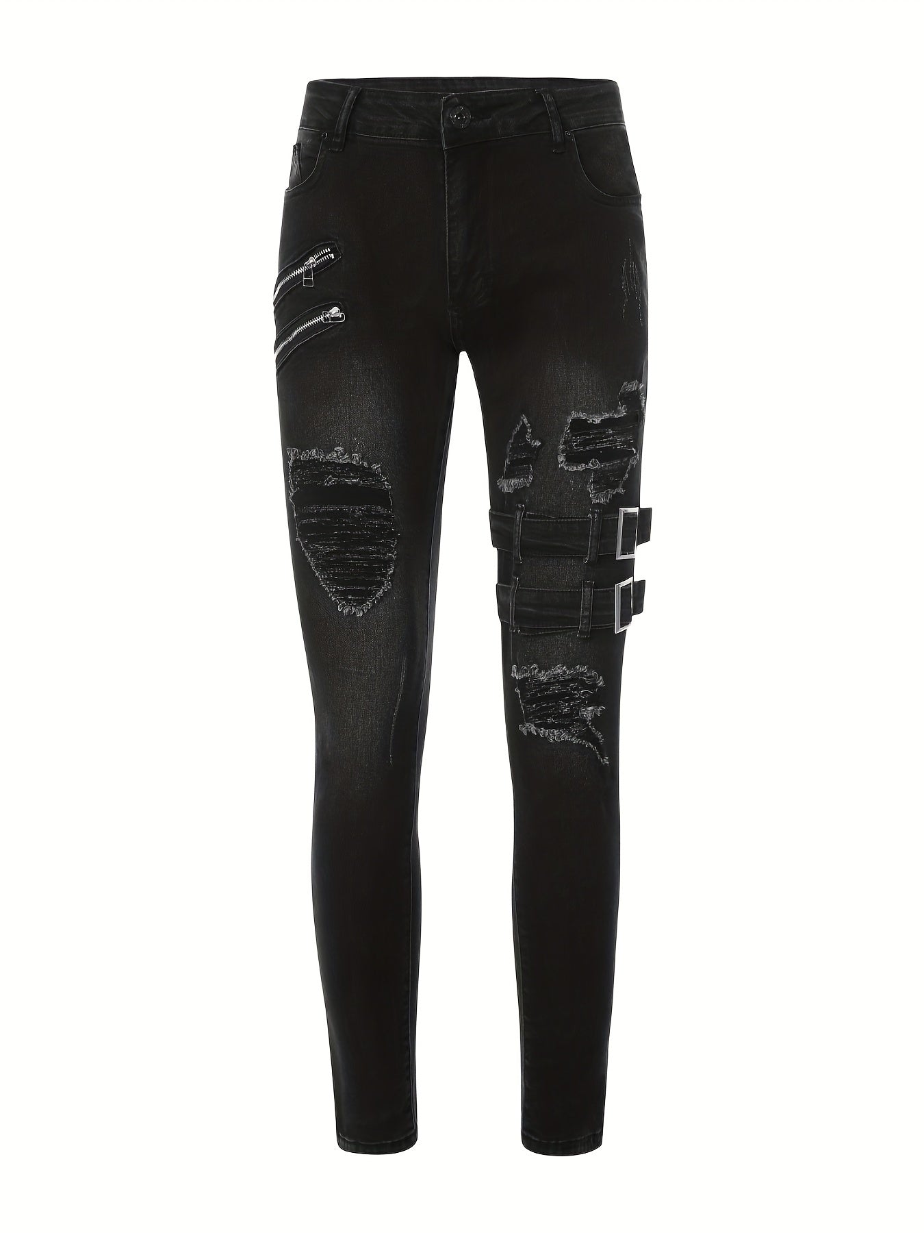 Stretchy Slim Fit Ripped Biker Jeans - Soft, Breathable, Distressed Denim Pants with Elastic Waistband for Men's Casual Street Style Fashion - Perfect for Spring and Fall Seasons