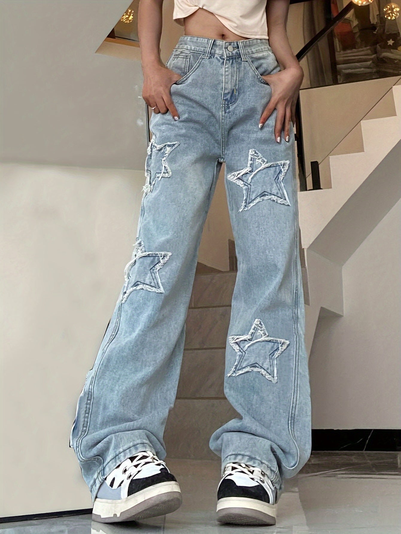 Vintage-Inspired Blue Star Wide-Leg Jeans - All-Season Comfort, Embroidered Geometric Design, Easy-Care Women's Denim Pants