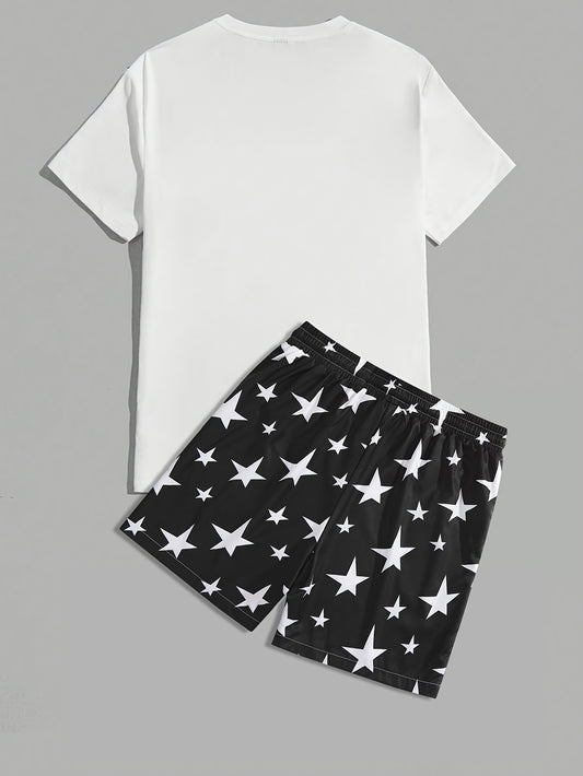 Men's Crew Neck Graphic T-shirt And Shorts Set With Stylish Star Print