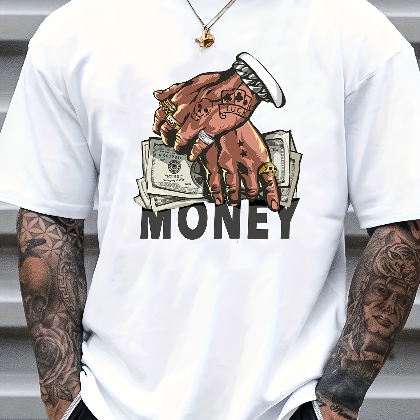 Men's Comfy Cartoon Money & Hands Graphic Design Crew Neck T-shirt