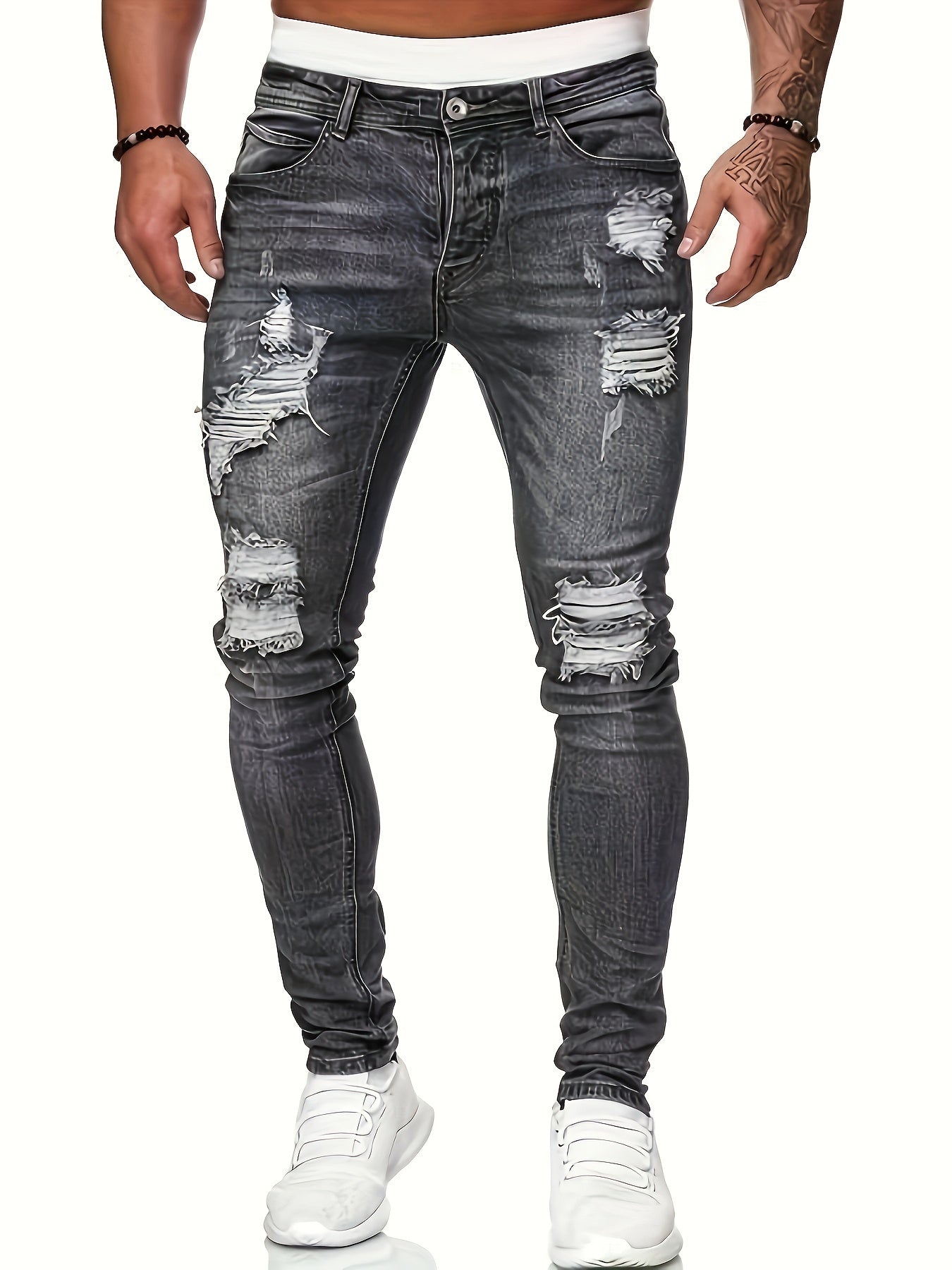 Mid Stretch Slim Fit Ripped Cotton Jeans, Men's Street Style Distressed Denim Pants
