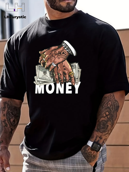 Men's  Comfy Cartoon Money & Hands Graphic Design Crew Neck T-shirt