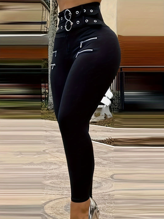 Women's High-Waisted Wide-Leg Trousers - Belted Full-Length Pants with Double Zipper