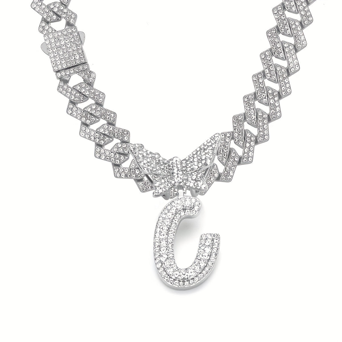 Initial Butterfly Pendant Cuban Link Chain Necklace Iced Out Rhinestone Chain Initial Letter Name Necklace