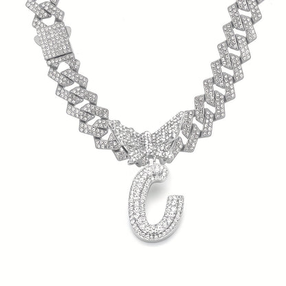 Initial Butterfly Pendant Cuban Link Chain Necklace Iced Out Rhinestone Chain Initial Letter Name Necklace