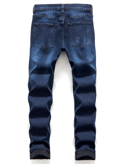 Medium Stretch Men's Patchwork Jeans, Casual Street Style Denim Pants