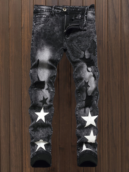 y2k Star Pattern Slim Fit Jeans, Men's Stretch Street Style Denim Pants