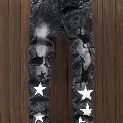 y2k Star Pattern Slim Fit Jeans, Men's Stretch Street Style Denim Pants