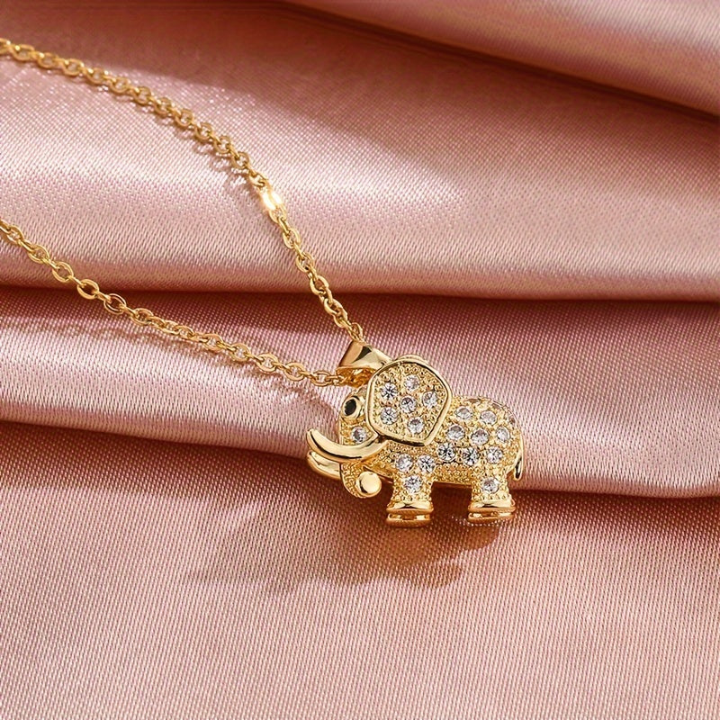 18K Gold Plated Elephant Necklace Elegant Sparkling Zirconia Animal Pendant Necklace