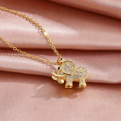 18K Gold Plated Elephant Necklace Elegant Sparkling Zirconia Animal Pendant Necklace