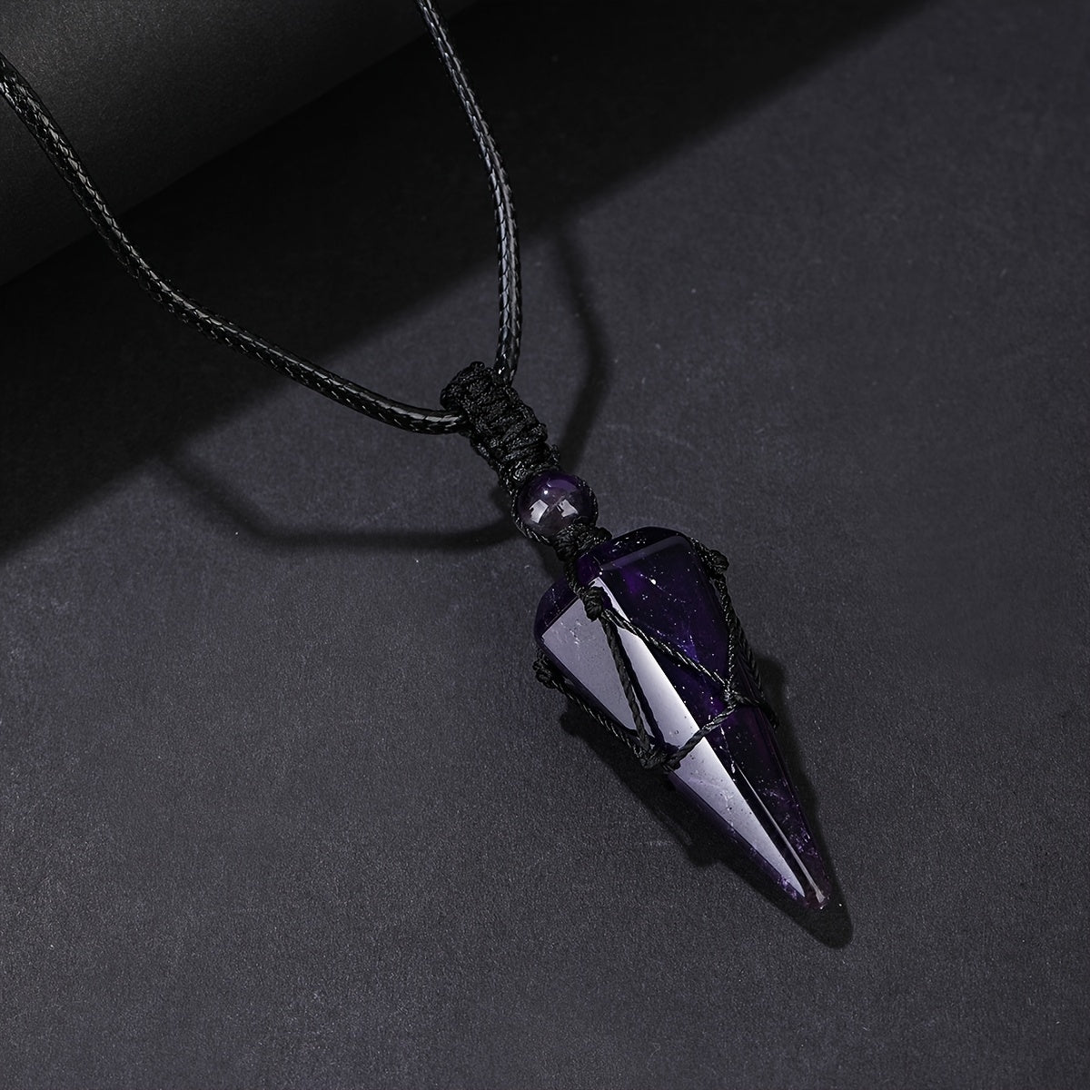 Stylish Men's Natural Amethyst Crystal Hexagonal Cone Pendant Necklace with Braided Rope