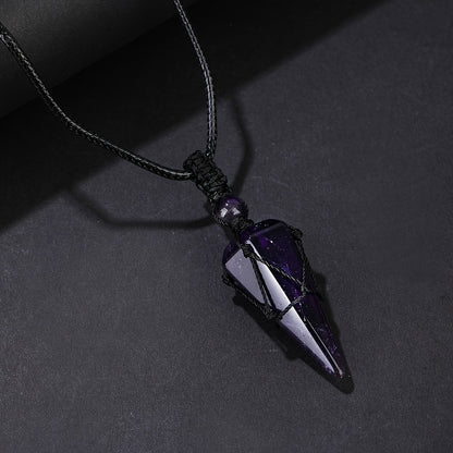Stylish Men's Natural Amethyst Crystal Hexagonal Cone Pendant Necklace with Braided Rope