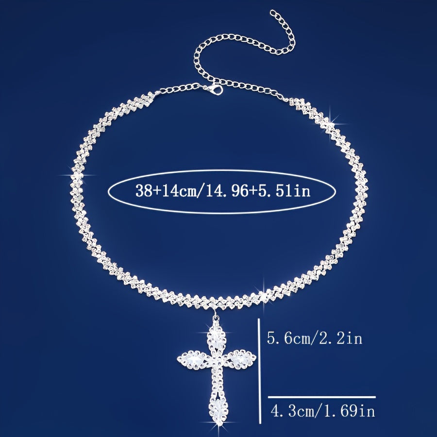 Luxury Sparkle Full Of Rhinestones Cross Pendant Necklace Silver Color Religious Neck Jewelry Gift