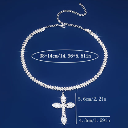 Luxury Sparkle Full Of Rhinestones Cross Pendant Necklace Silver Color Religious Neck Jewelry Gift