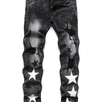 y2k Star Pattern Slim Fit Jeans, Men's Stretch Street Style Denim Pants
