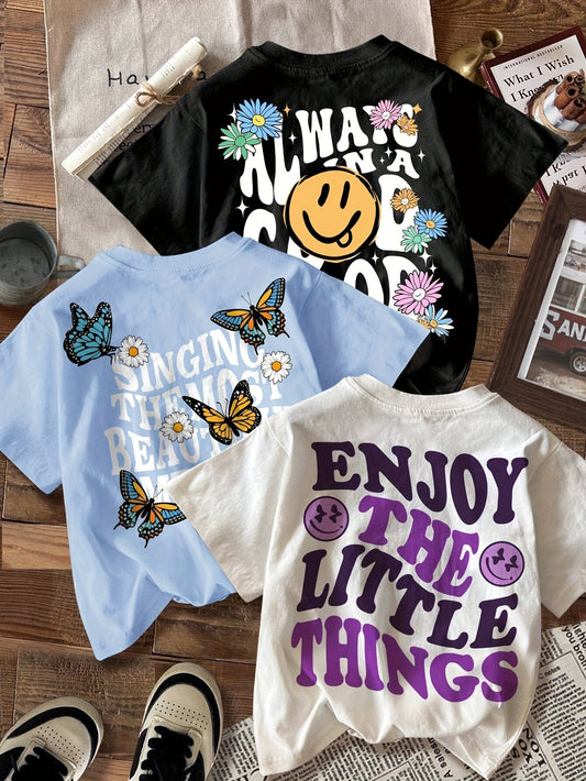 3-Pack Vibrant Butterfly & Floral Graphic Tees - Soft, Stretchy, Round Neck Short Sleeve Polyester-Blend Tops with Smiling Face , Regular Fit