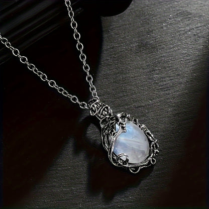 1pc Exquisite Moonstone Pendant Necklace - Bohemian Leaf Rattan Accessories for Women,