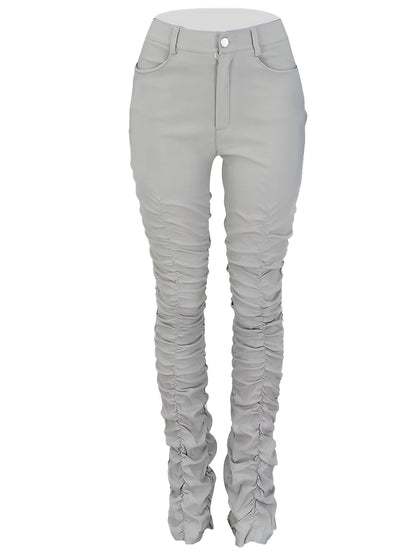 Women's High-Waisted Stretchy Ruched Pants - Light Grey Casual Tapered Leggings