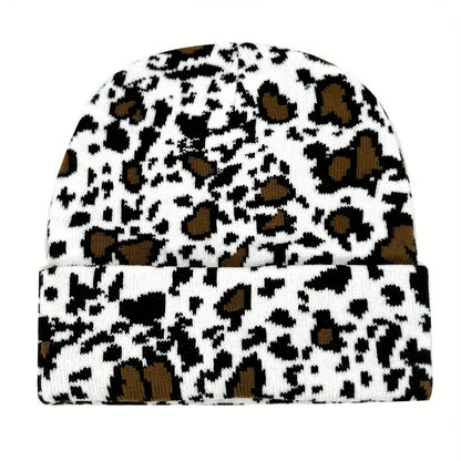 1pc Winter Cow Print  Beanie , Thicken Warm Skullies