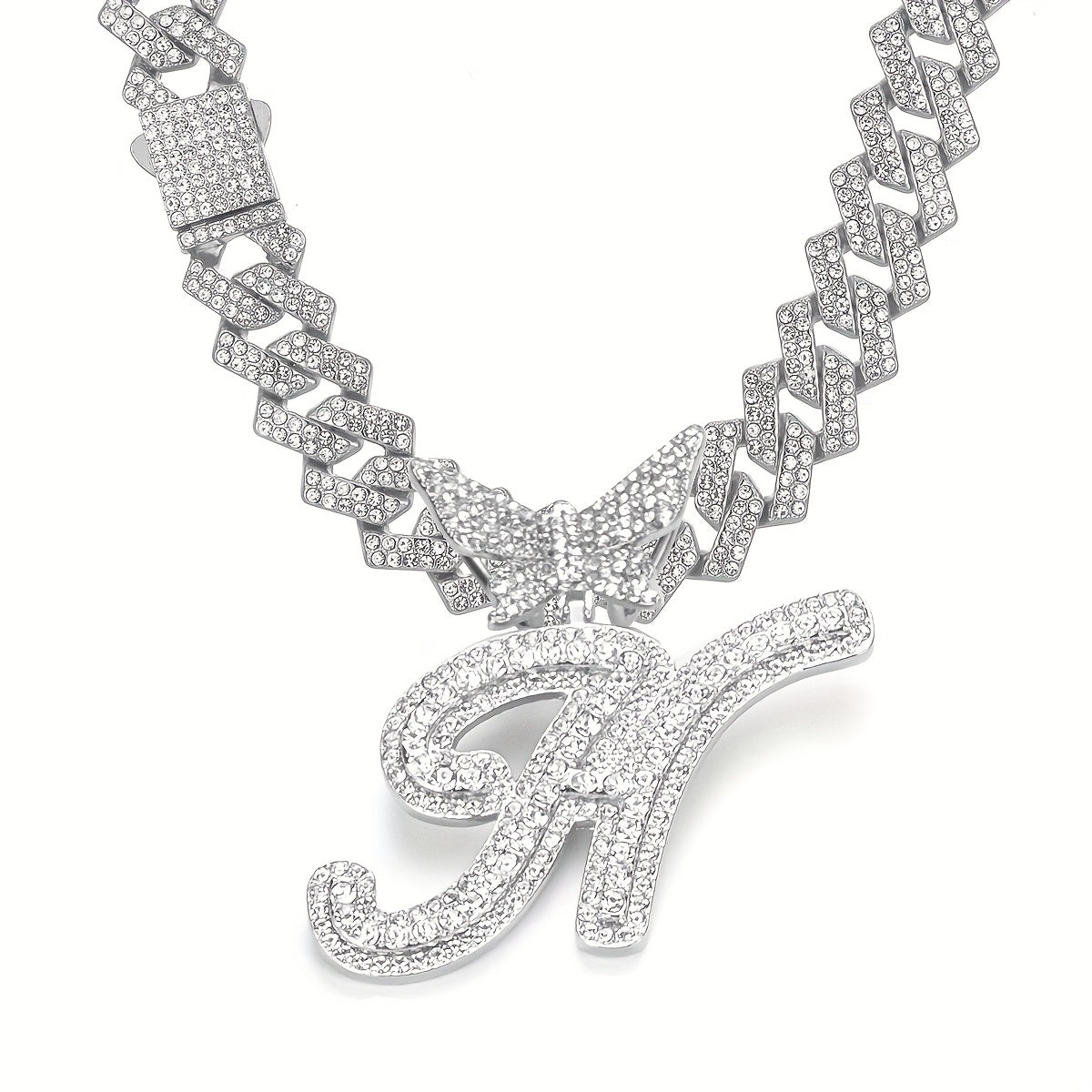 Initial Butterfly Pendant Cuban Link Chain Necklace Iced Out Rhinestone Chain Initial Letter Name Necklace