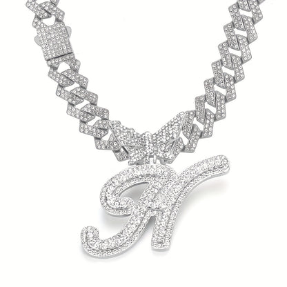 Initial Butterfly Pendant Cuban Link Chain Necklace Iced Out Rhinestone Chain Initial Letter Name Necklace