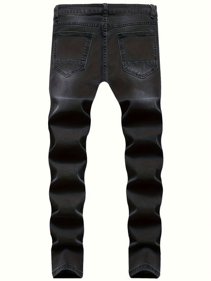 Mid Stretch Slim Fit Ripped Cotton Jeans, Men's Street Style Distressed Denim Pants