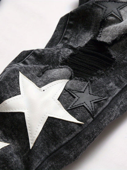 y2k Star Pattern Slim Fit Jeans, Men's Stretch Street Style Denim Pants