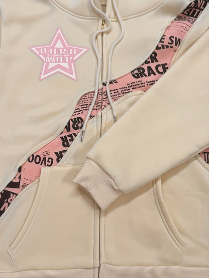 Y2K-Inspired Star & Letter Print Hoodie -  Long Sleeve Zip-Up Jacket for Women, Loose Fit with Asymmetrical Hem, Machine Washable