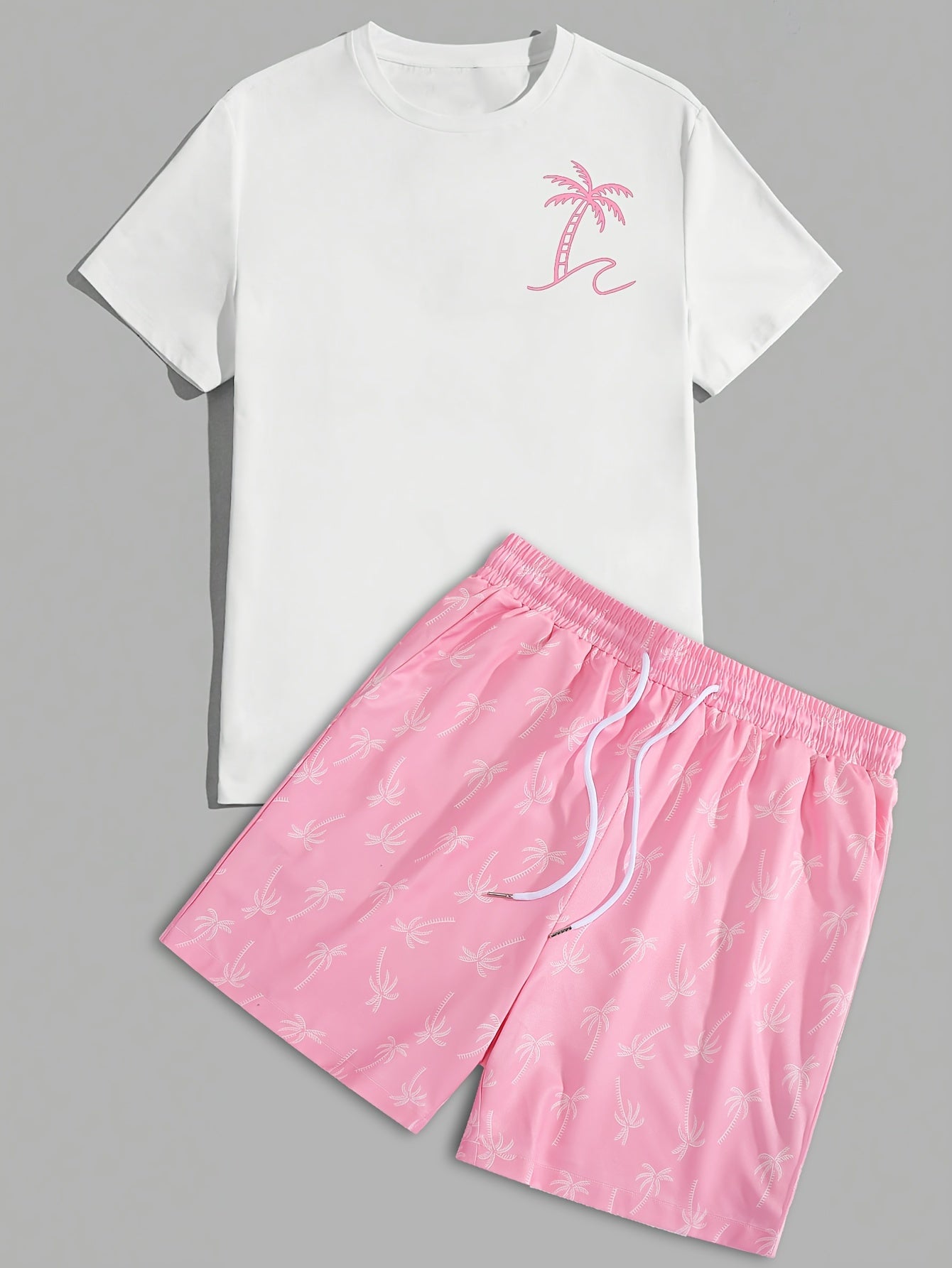 Mens Graphic T-shirt And Shorts Set - Classic Crew Neck, Vibrant Palm Tree Print, Ultra-Comfortable Fit - Stylish