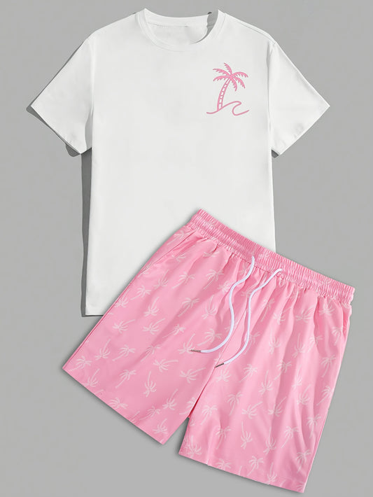 Mens Graphic T-shirt And Shorts Set - Classic Crew Neck, Vibrant Palm Tree Print, Ultra-Comfortable Fit - Stylish