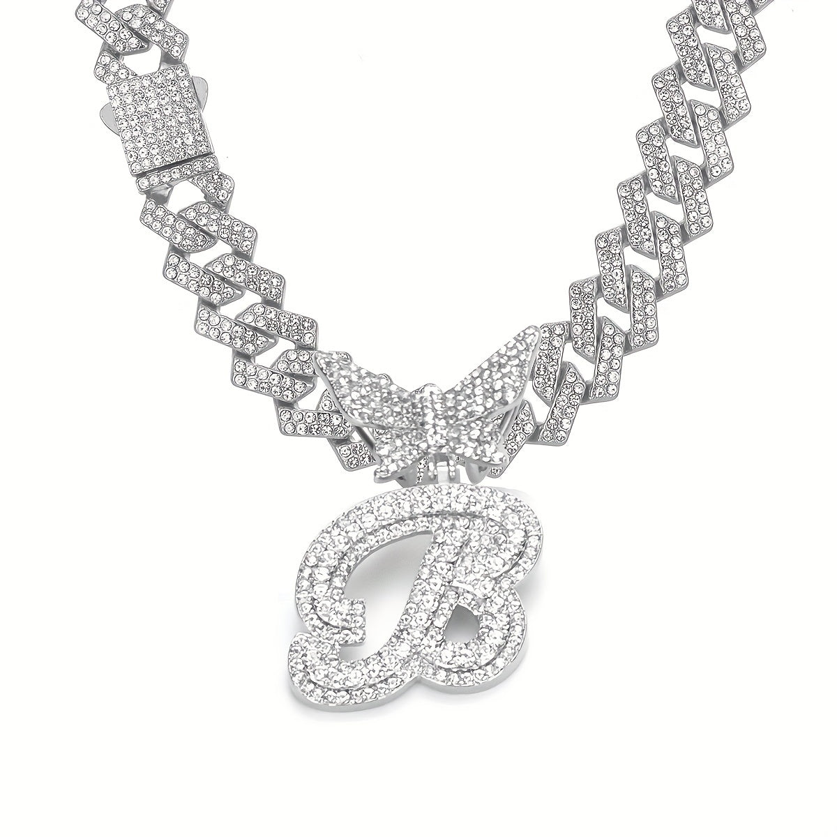 Initial Butterfly Pendant Cuban Link Chain Necklace Iced Out Rhinestone Chain Initial Letter Name Necklace