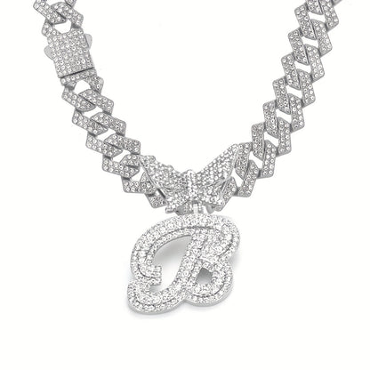 Initial Butterfly Pendant Cuban Link Chain Necklace Iced Out Rhinestone Chain Initial Letter Name Necklace