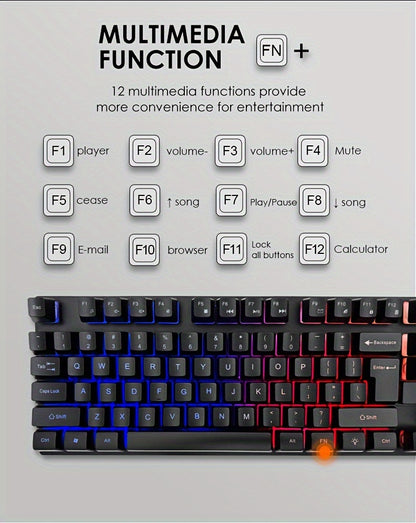 Rainbow Backlit Wired Gaming Keyboard and Mouse Set, 19-Key Rollover, Adjustable Brightness, 2 Lighting Modes, Ergonomic Design, Hotkeys, Media Keys, USB Powered, No Battery
