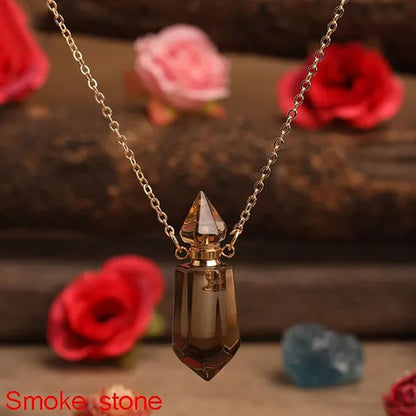 Natural Gems Stone Faceted Prism Perfume Bottle Pendants With Stainless Steel Chain Necklace