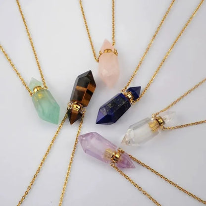 Natural Gems Stone Faceted Prism Perfume Bottle Pendants With Stainless Steel Chain Necklace