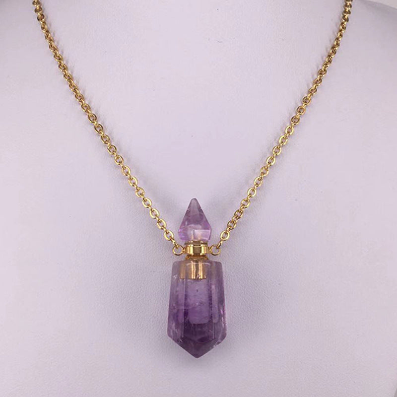 Natural Gems Stone Faceted Prism Perfume Bottle Pendants With Stainless Steel Chain Necklace