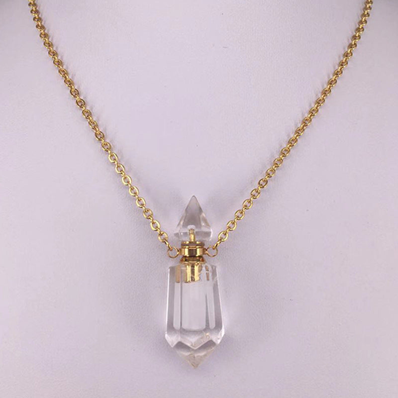 Natural Gems Stone Faceted Prism Perfume Bottle Pendants With Stainless Steel Chain Necklace