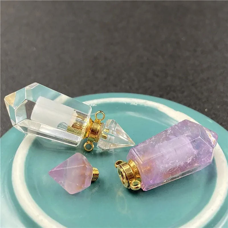 Natural Gems Stone Faceted Prism Perfume Bottle Pendants With Stainless Steel Chain Necklace