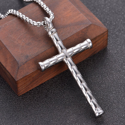 1pc Men's Religious Cross Pendant Choker Necklace - Stainless Steel Chain - Golden/Silvery Color